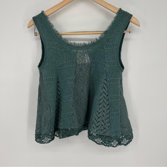 Meadow Rue Anthropologie Green Lace Boho Crochet Fray Tank Top knit Blouse Small - Picture 6 of 11